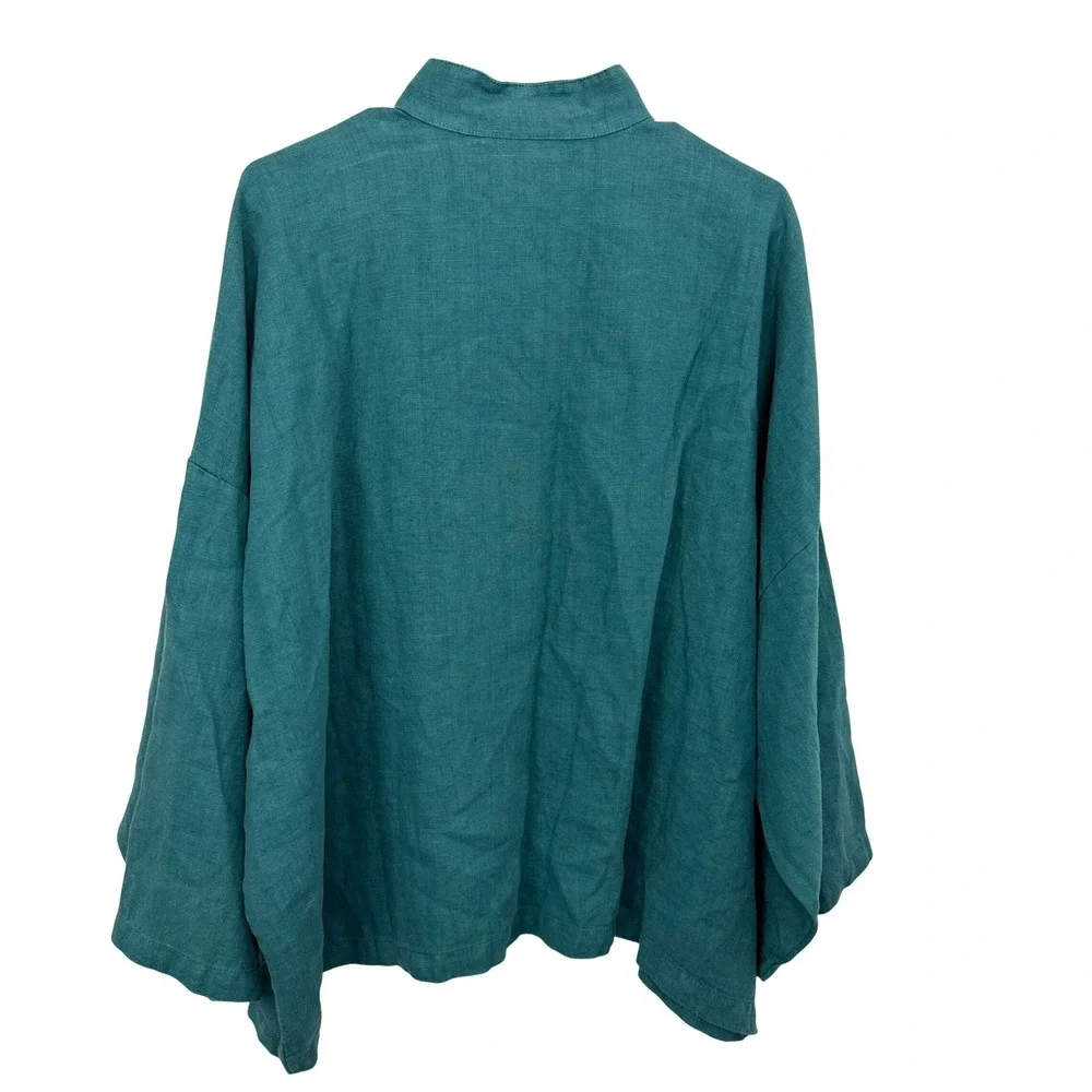Bryn Walker Top Womens Medium Teal Green Linen Casana Button Front Oversized